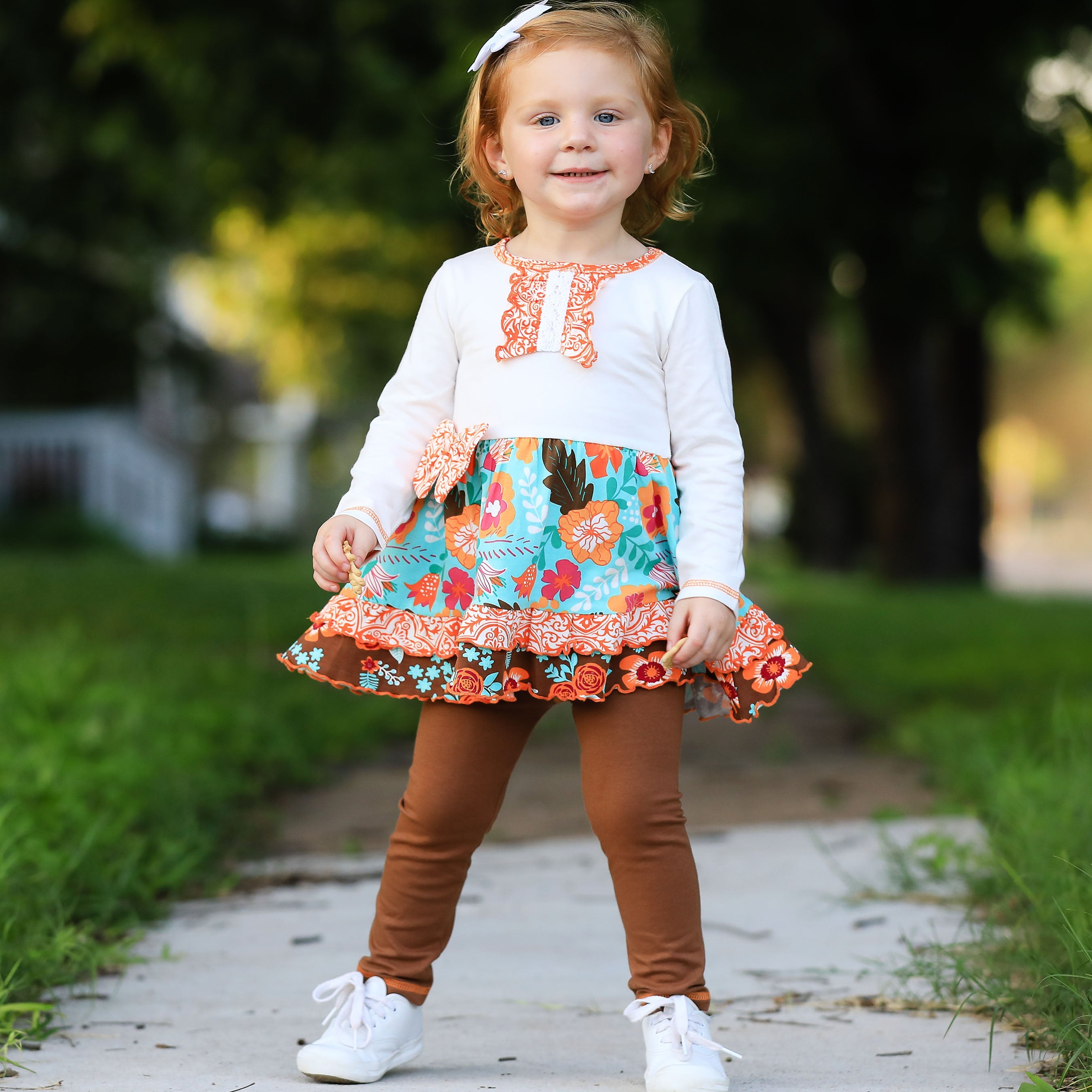 AnnLoren Girls Holiday Autumn Floral Ruffle Thanksgiving Dress & Leggings-3