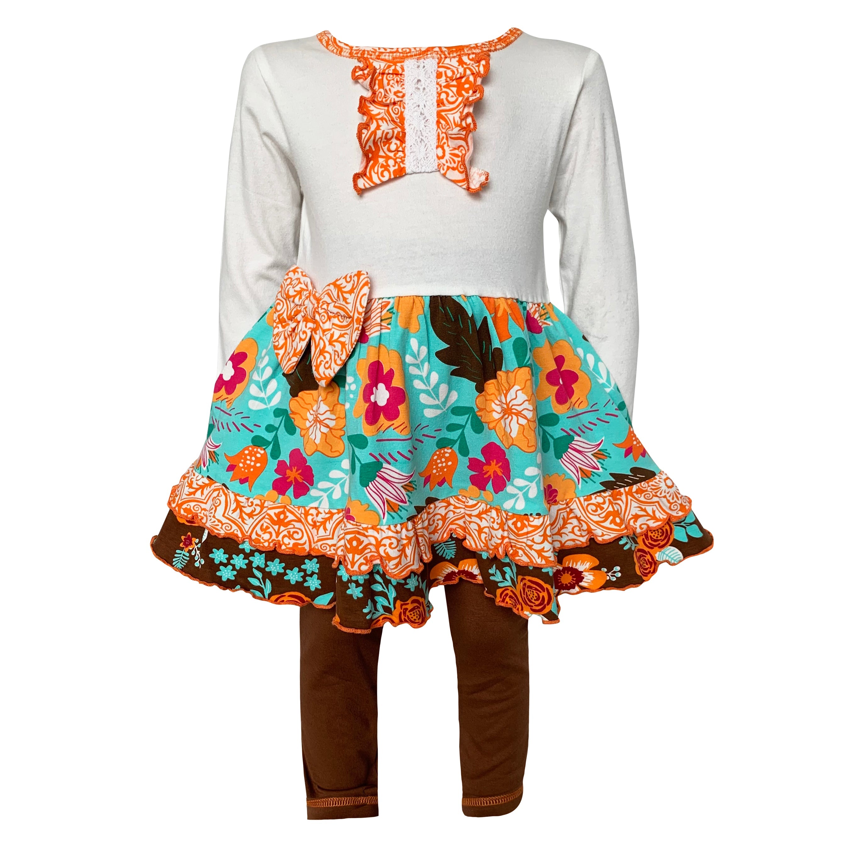 AnnLoren Girls Holiday Autumn Floral Ruffle Thanksgiving Dress & Leggings-0