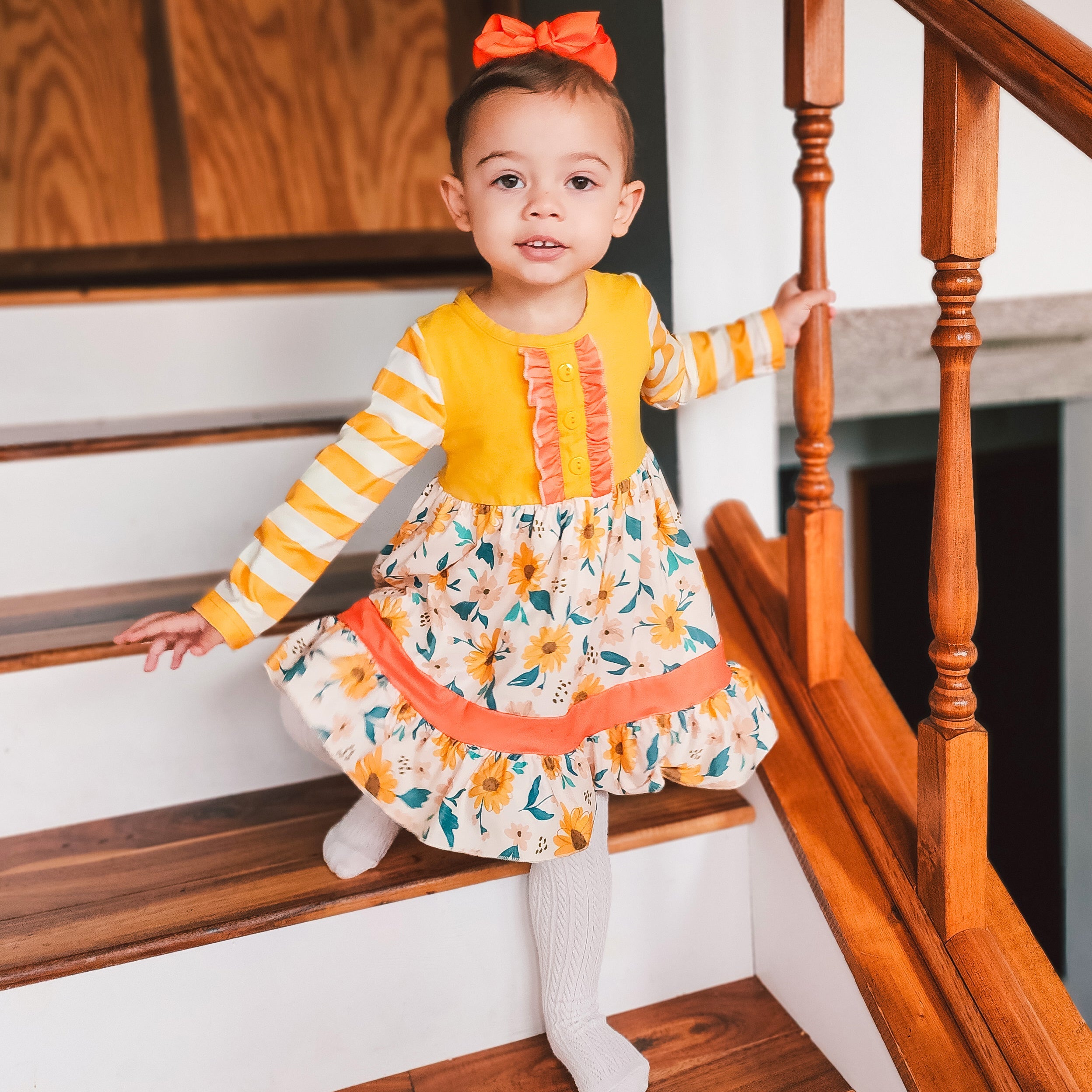 Girls Yellow & Orange Daisy Floral Fall Long Sleeve Dress-1