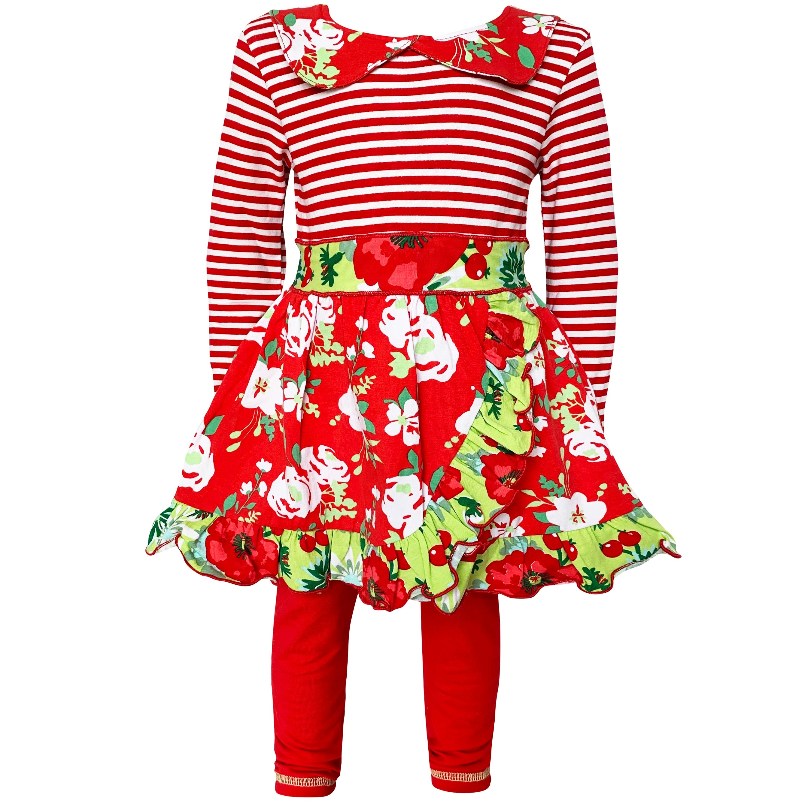 AnnLorenGirls Boutique Red Christmas Floral Holiday Dress Legging Set-0