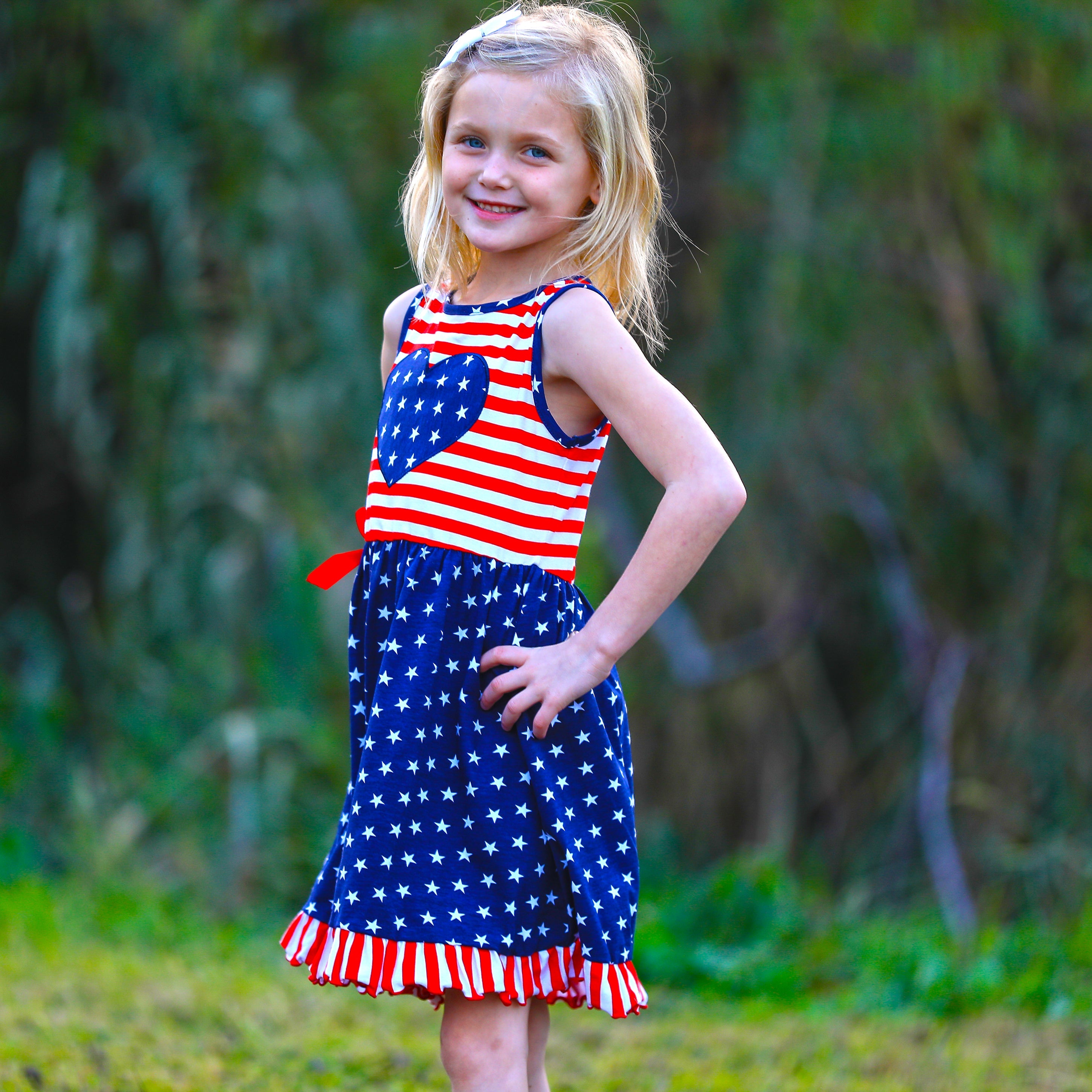 AnnLoren Girls 4th of July Stars & Striped Heart Dress Red White & Blue-3