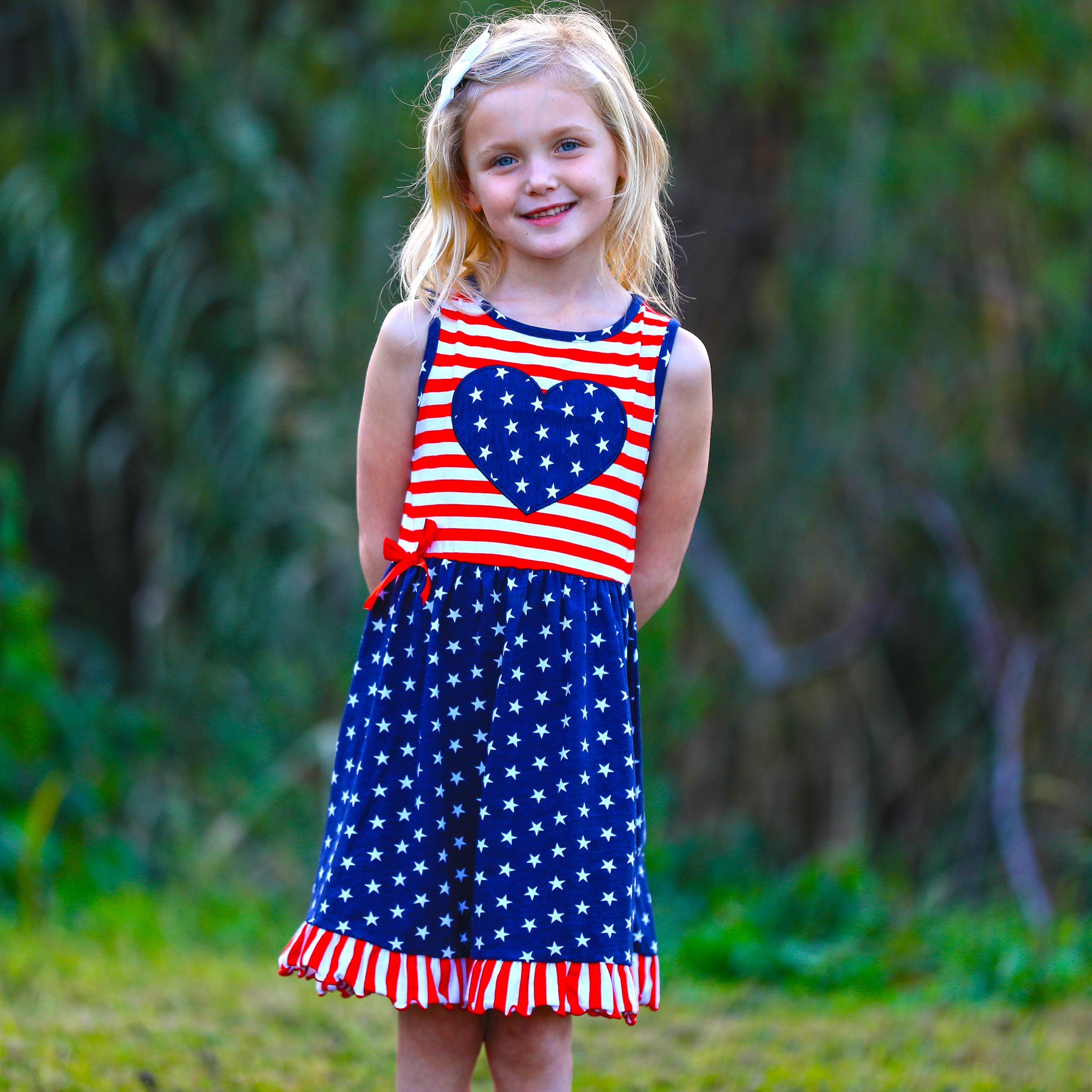 AnnLoren Girls 4th of July Stars & Striped Heart Dress Red White & Blue-2