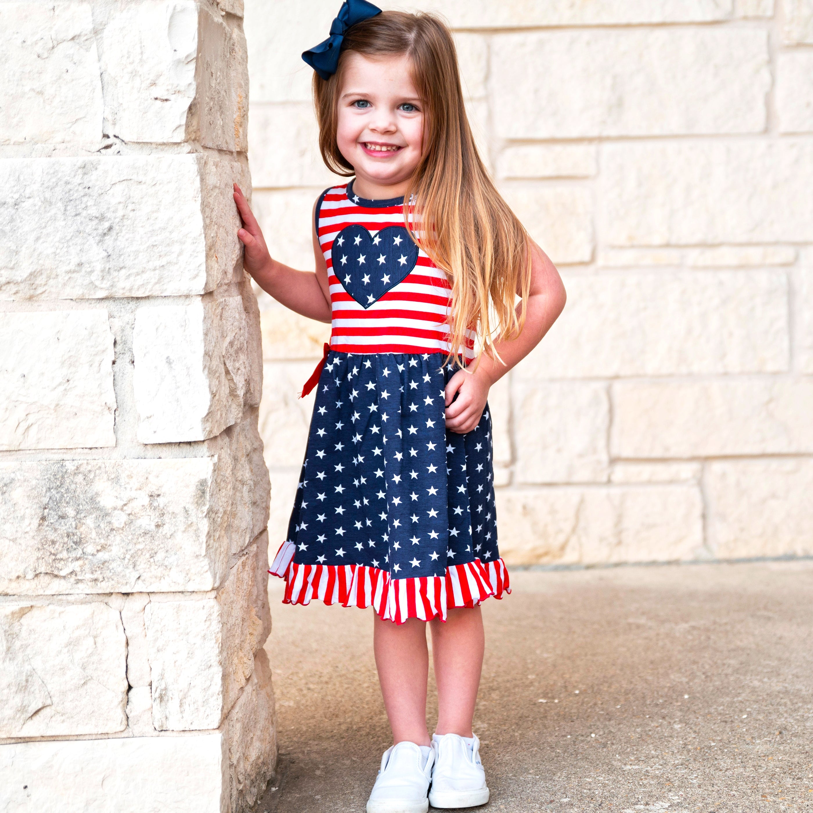 AnnLoren Girls 4th of July Stars & Striped Heart Dress Red White & Blue-1