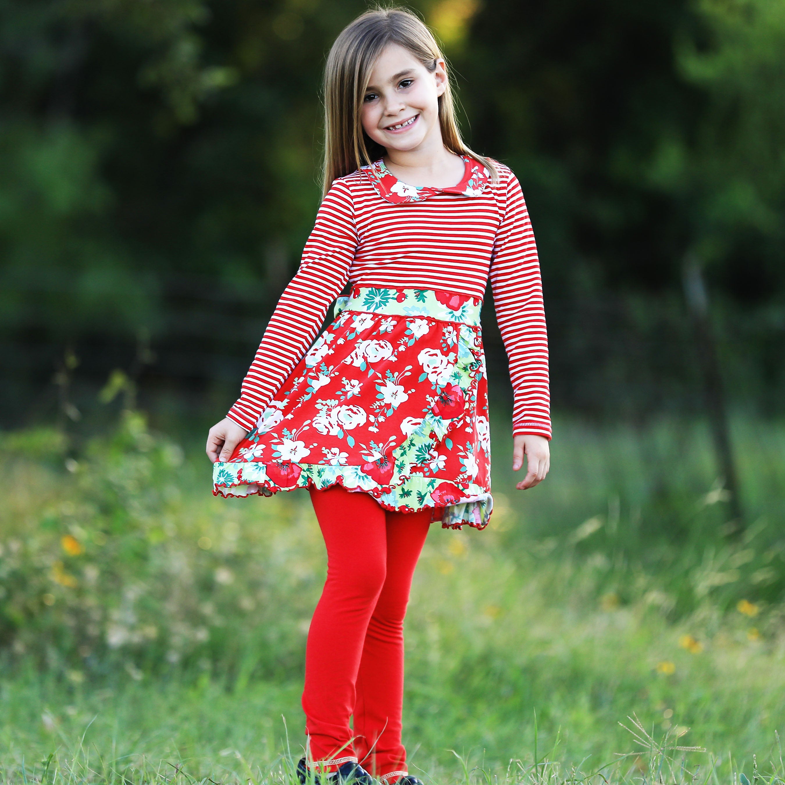 AnnLorenGirls Boutique Red Christmas Floral Holiday Dress Legging Set-2