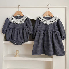 Lace Collar Grid Pattern Long Sleeve Bodysuit OR Dress For Toddler