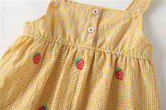 Baby Girl Plaid Graphic Strawberries Embroidery Snap Button Jumpsuit & Solid Tee Sets