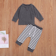 Baby Boy Solid Color Hoodie Combo Striped Pattern Trousers Sets
