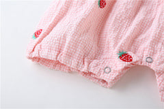 Baby Girl Plaid Graphic Strawberries Embroidery Snap Button Jumpsuit & Solid Tee Sets
