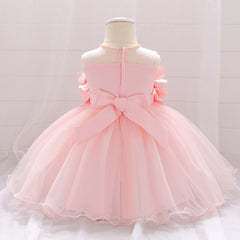 Baby Girl Petal Patched Design Sleeveless Full Moon Christening Mesh Dress