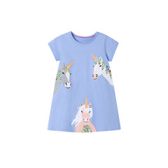 Summer Arrival Unicorn Cartoon Pattern Short Sleeves Dress for Stylish Girls