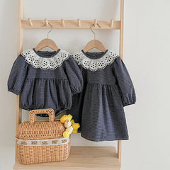 Lace Collar Grid Pattern Long Sleeve Bodysuit OR Dress For Toddler