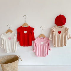 Baby Girl Heart Embroidered Pattern Ruffle Long Sleeve Knit Onesies