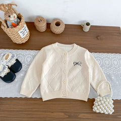 Spring and Autumn Kids Girls Argyle Pattern Long Sleeves Cardigan and Pants Clothing Set