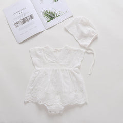 Baby Girls Solid Color Hollow Design V Collar Sleeveless Onesies Dress In Summer With Hat