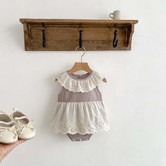 Summer Design Baby Girls Flowers Hollow Out Pattern Sleeveless Patchwork Onesies