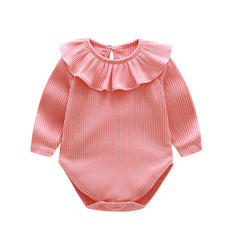 Baby Solid Color Ruffle & Buttoned Design Long-Sleeved O-Neck Onesies