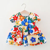 Baby Floral Pattern Short Sleeve Crewneck Dress with Purse