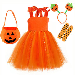 Arrival Girls’ Halloween Pumpkin Pattern Dress – Princess Cosplay Costume Set Party, and Stage Performance