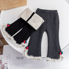 Baby Girl Solid Color Mesh Patched Design Fleece Thickened Pants