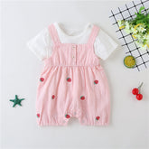 Baby Girl Plaid Graphic Strawberries Embroidery Snap Button Jumpsuit & Solid Tee Sets