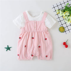Baby Girl Plaid Graphic Strawberries Embroidery Snap Button Jumpsuit & Solid Tee Sets