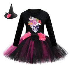 Arrival Girls’ Halloween Costume: Long Sleeves Cartoon Printed Witches Cosplay Party Tulle Patchwork Dress with Hat Set