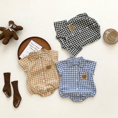 Summer Arrival Baby Boys Plaid and Teddy Bear Pattern Short Sleeves Onesies with Turn-down Collar