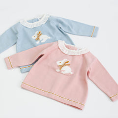 Baby Girl Bunny Print Pattern Ruffle Neck Long Sleeved Knitted Sweater