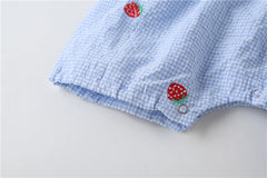 Baby Girl Plaid Graphic Strawberries Embroidery Snap Button Jumpsuit & Solid Tee Sets