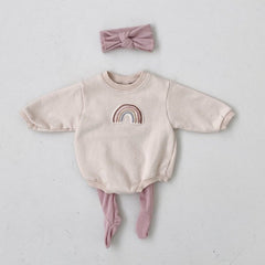 Baby 1pcs Rainbow Embroidery Pattern Solid Color Long Sleeves Soft Bodysuit