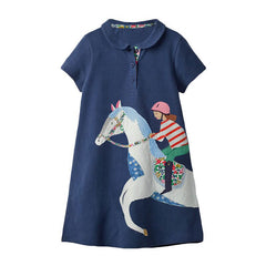 Summer Arrival Girls Short Sleeves Horse Racing Cartoon Turn-Down Collar Dress