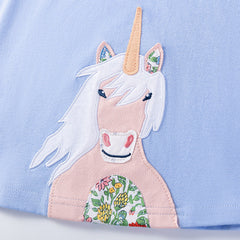 Summer Arrival Unicorn Cartoon Pattern Short Sleeves Dress for Stylish Girls