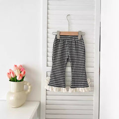 Arrival Autumn Baby Kids Girls Cheap Plaid Trousers Pants with Lace Trim