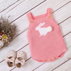 Baby Girl 3D Bunny Embroidered Graphic Strap Knitted Onesies Bodysuit