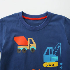 Summer Boys’ Engineering Vehicles Cartoon Pattern T-shirt in European and American Style
