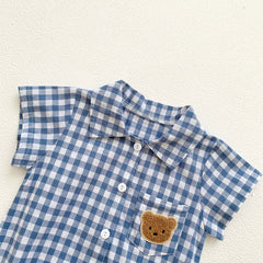 Summer Arrival Baby Boys Plaid and Teddy Bear Pattern Short Sleeves Onesies with Turn-down Collar