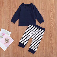Baby Boy Solid Color Hoodie Combo Striped Pattern Trousers Sets