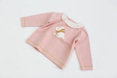 Baby Girl Bunny Print Pattern Ruffle Neck Long Sleeved Knitted Sweater