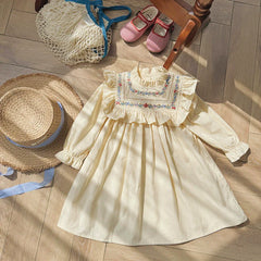 Arrival Autumn Girls Flowers Embroidery Pattern Long Sleeves Ruffle Neck Dress