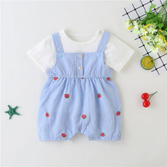 Baby Girl Plaid Graphic Strawberries Embroidery Snap Button Jumpsuit & Solid Tee Sets