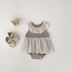 Summer Design Baby Girls Flowers Hollow Out Pattern Sleeveless Patchwork Onesies