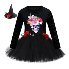 Arrival Girls’ Halloween Costume: Long Sleeves Cartoon Printed Witches Cosplay Party Tulle Patchwork Dress with Hat Set