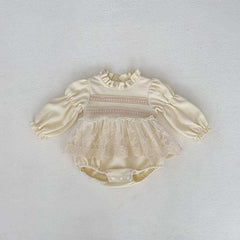 Baby Girls Long Sleeves Embroidery Lace Trim Onesie