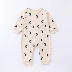 Spring Moon/Dogs Print Crew Neck Single Breasted Comfy Rompers