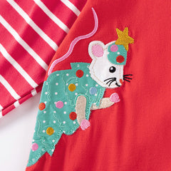 Autumn and Spring Arrival Christmas Cartoon and Striped Pattern Long Sleeves Crew Neck Dress for Stylish Girls