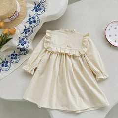 Arrival Autumn Girls Flowers Embroidery Pattern Long Sleeves Ruffle Neck Dress