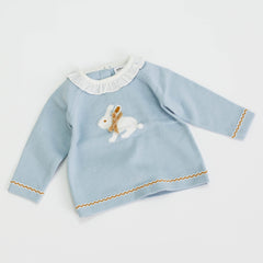 Baby Girl Bunny Print Pattern Ruffle Neck Long Sleeved Knitted Sweater