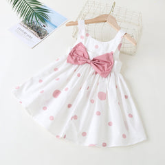 Baby Girls Polka Dot Pattern Sleeveless Round Collar Dress With Bow Decoration