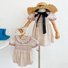 Baby Girl Ditsy Flower Ruffle Neck Dress Onesies In Summer