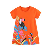 Summer Hot Selling Cute Bird Cartoon Pattern Short Sleeves Dress for Stylish Girls